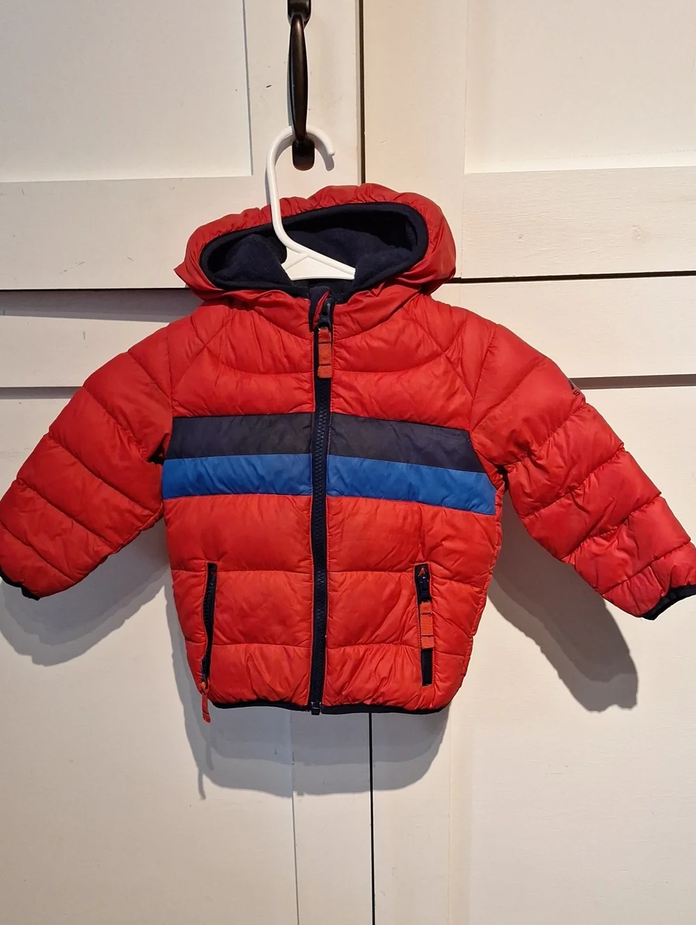 Snozu Red Hooded Puffer Jacket with Navy and Blue Stripes